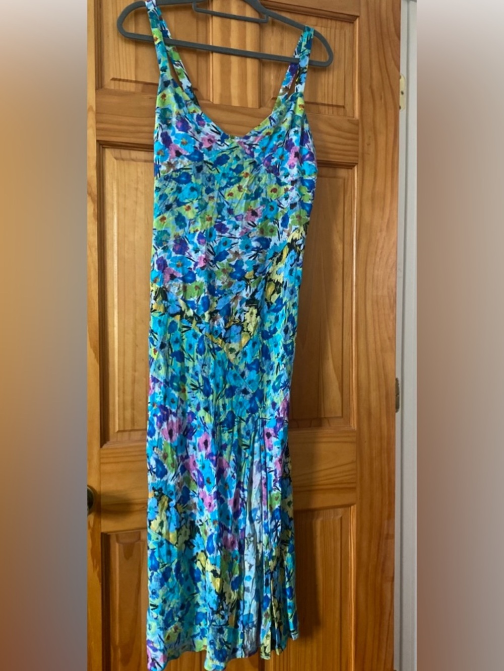 Zara Blue Watercolor Floral Midi Dress Slit Sheer Viscose Smocked Back L